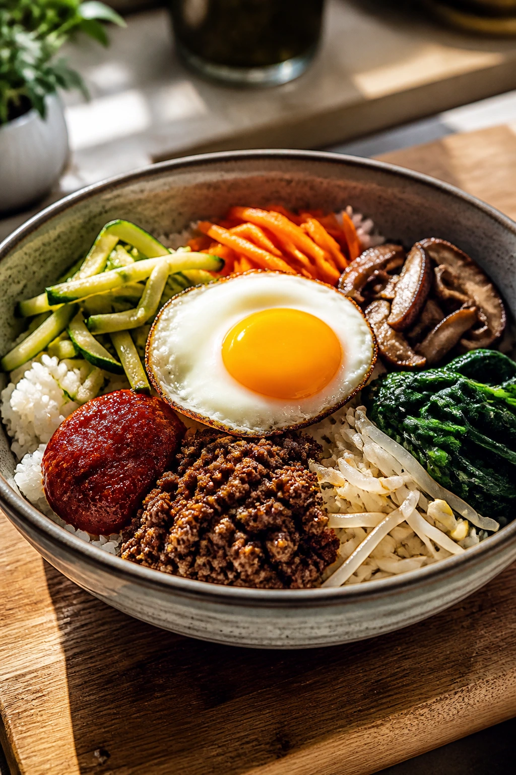Colorful bibimbap ingredients arranged in a bowl in a sunlit kitchen