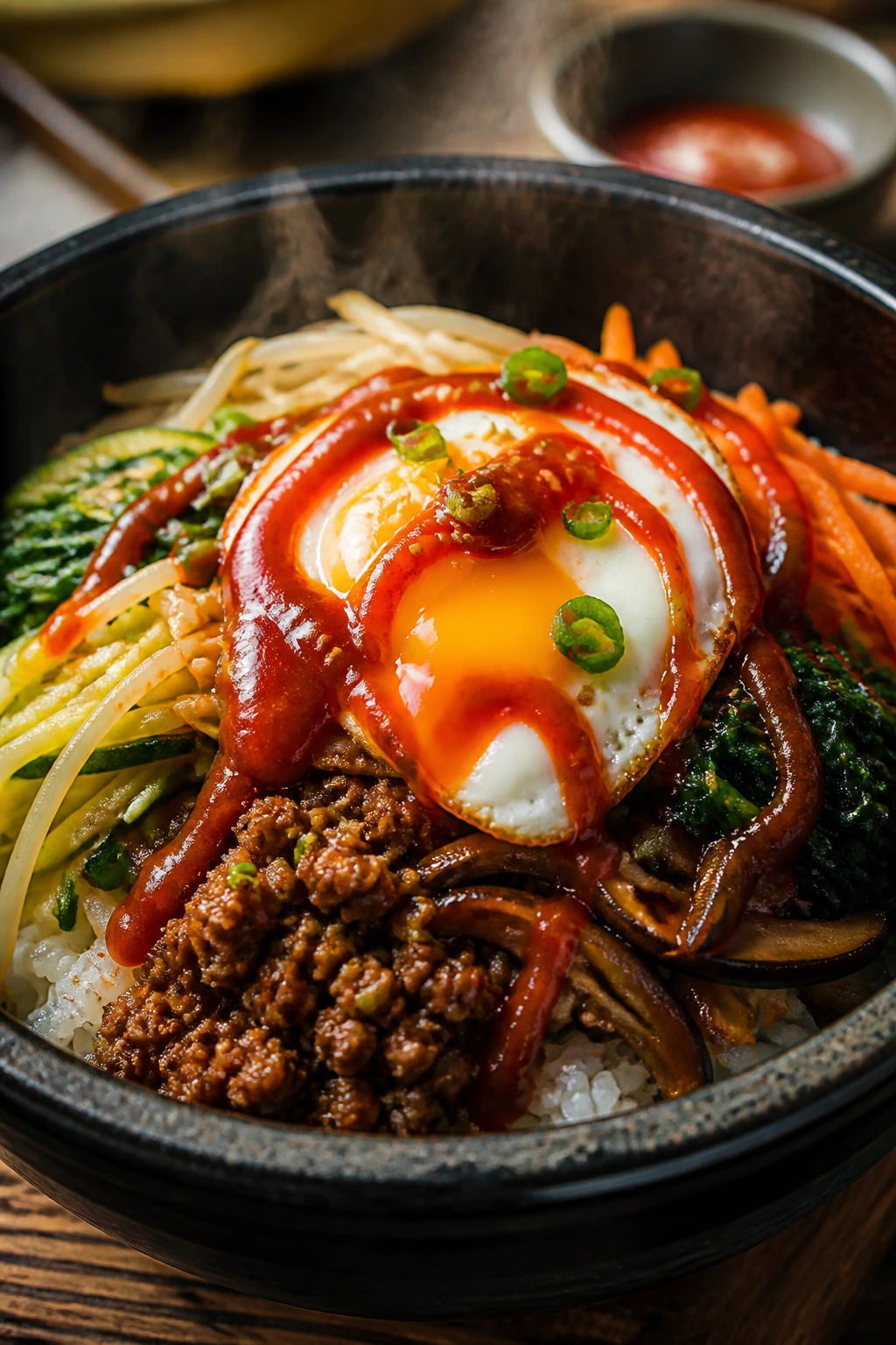 Close-up of bibimbap in a bowl with rice, beef, vegetables, egg, and gochujang