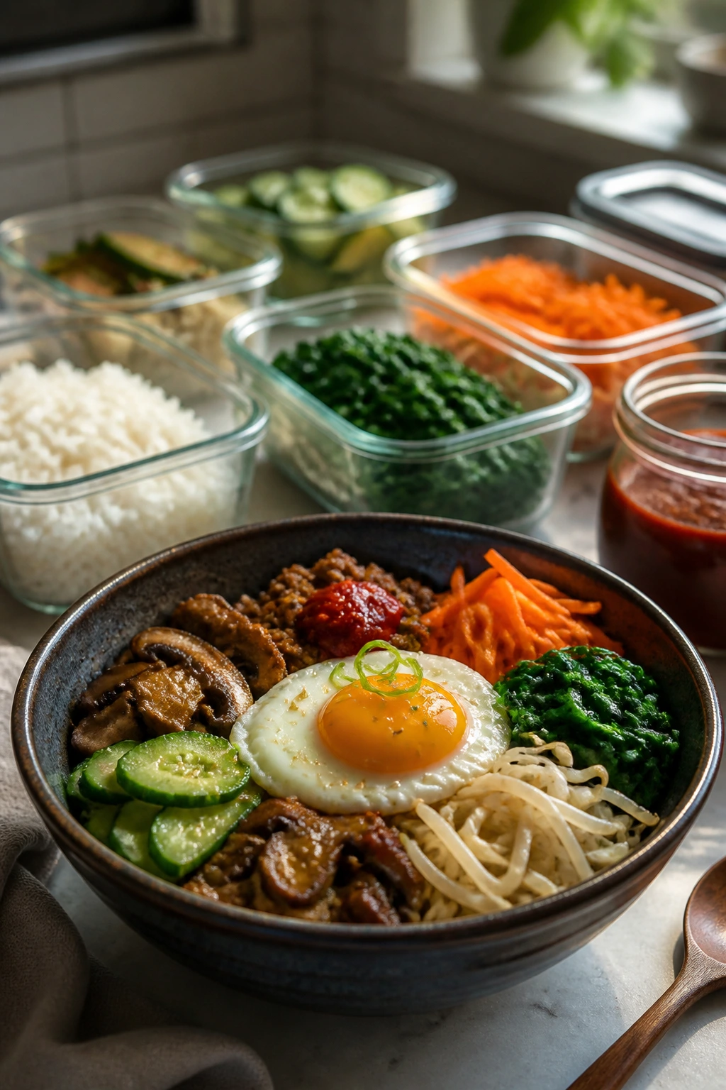 Bibimbap bowl with distinct components suggesting make-ahead prep