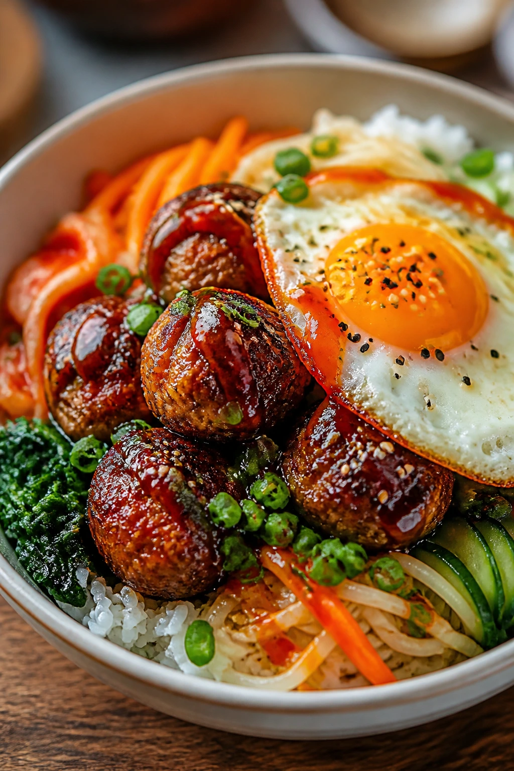 Bibimbap meatball bowl with egg and vegetables