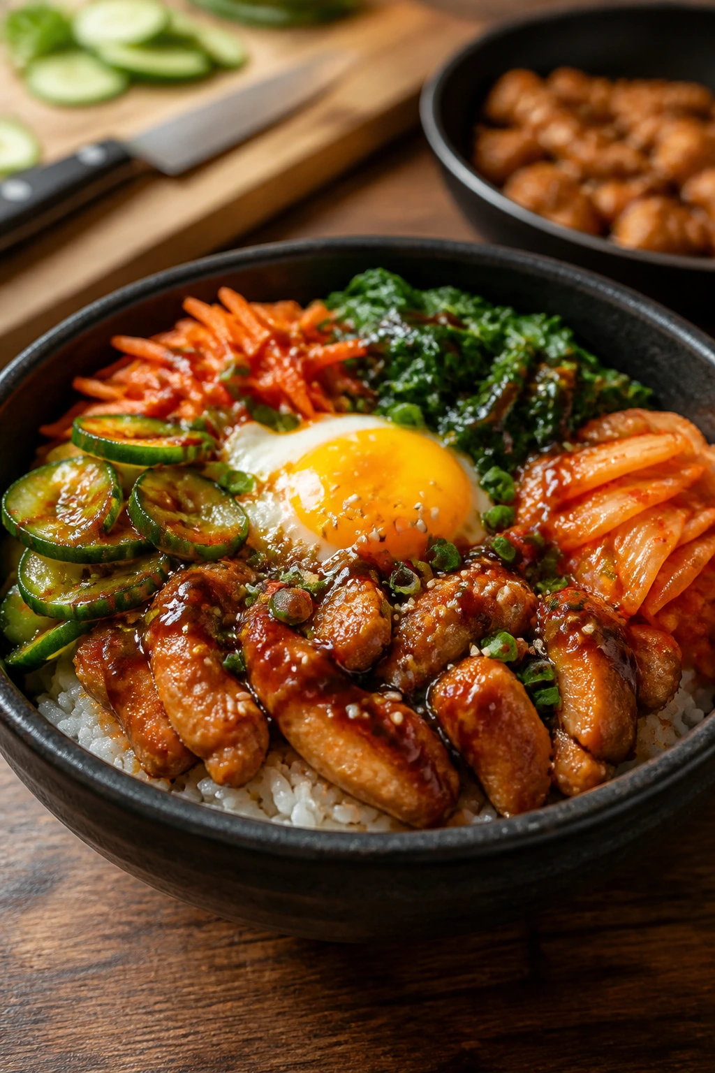Bibimbap bowl in a warm kitchen showing prep pace with background hints