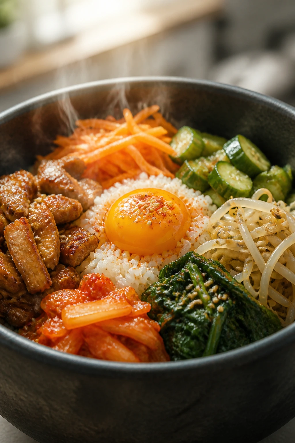Bibimbap bowl dominating the frame with steam rising