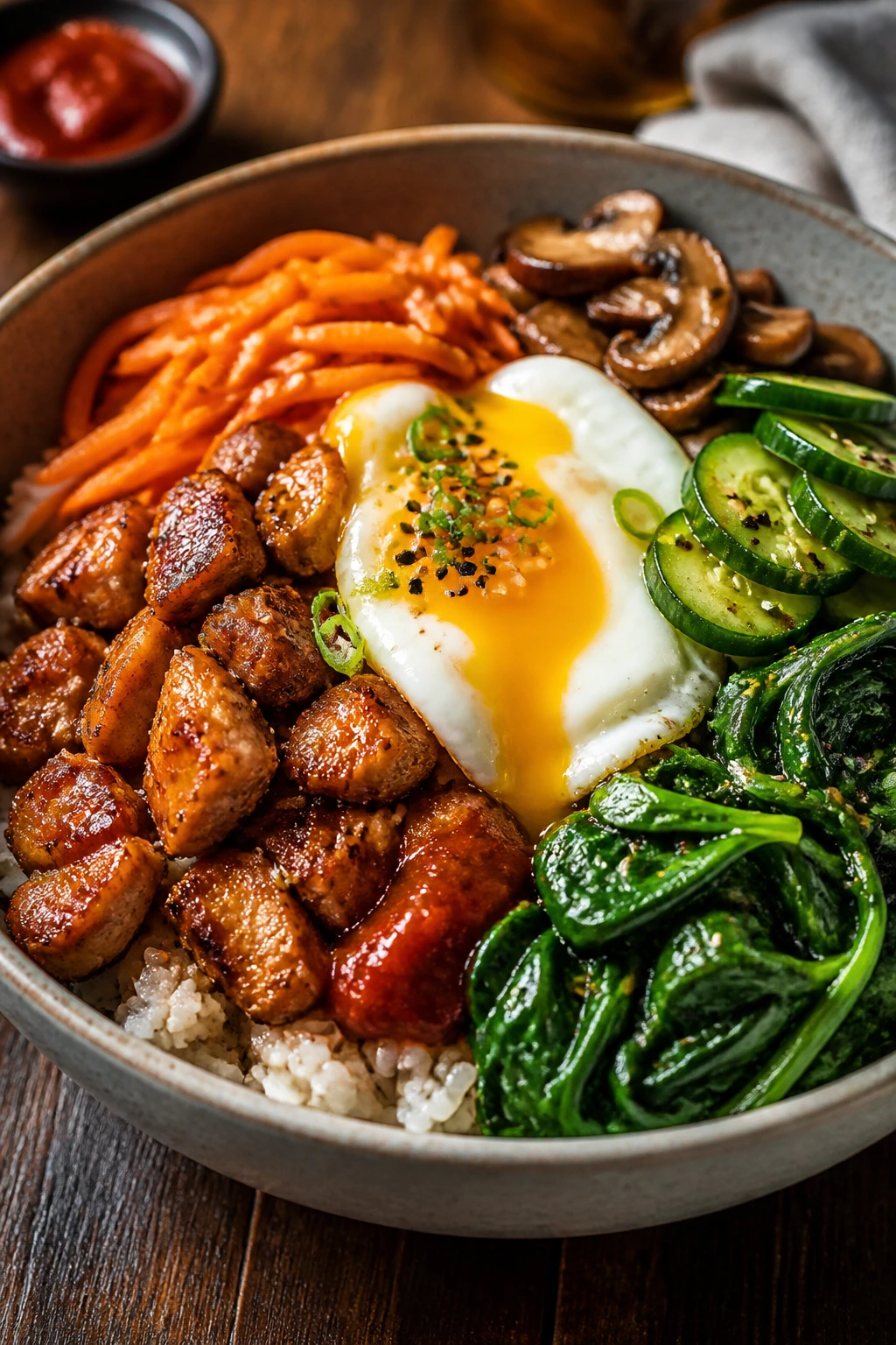 Photorealistic close-up of bibimbap bowl with egg and vegetables on a wooden table