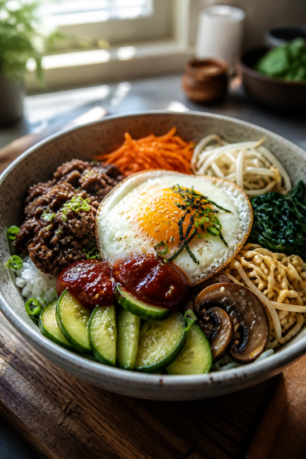 Bibimbap-style rice bowl with eggs and vegetables
