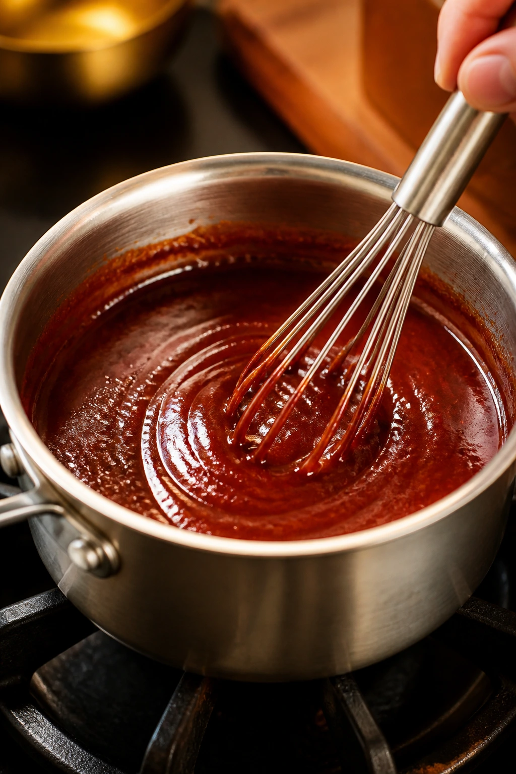 Sauce in a small saucepan being whisked to glossy smooth texture on stove