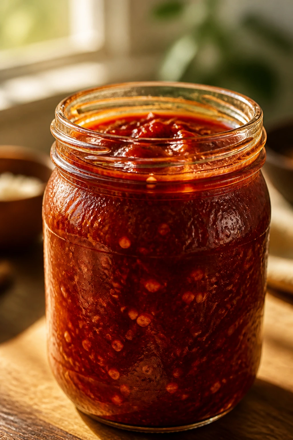 Close-up of glossy bibimbap sauce jar on wooden counter