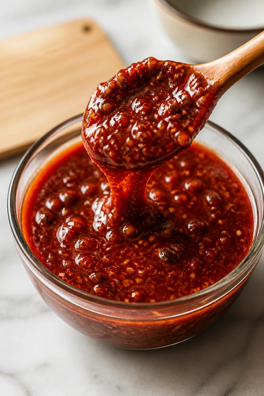 Glossy bibimbap sauce in a bowl with a blurred wooden recipe card