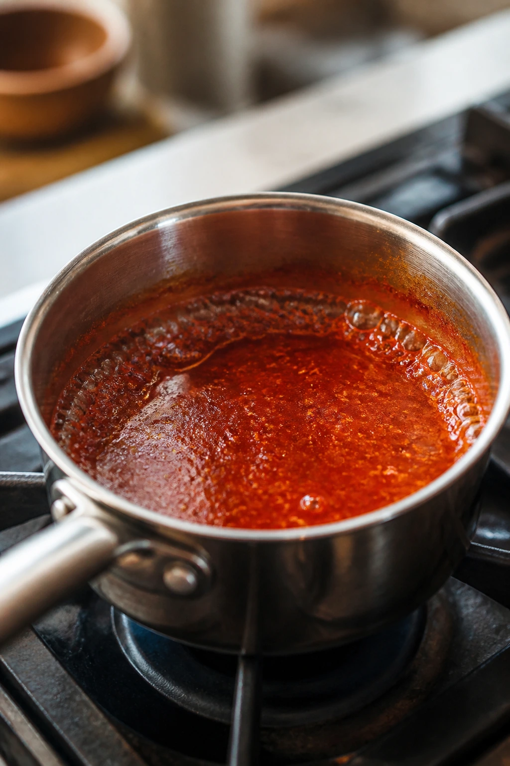 Close-up of glossy bibimbap sauce simmering in a small saucepan on a stove