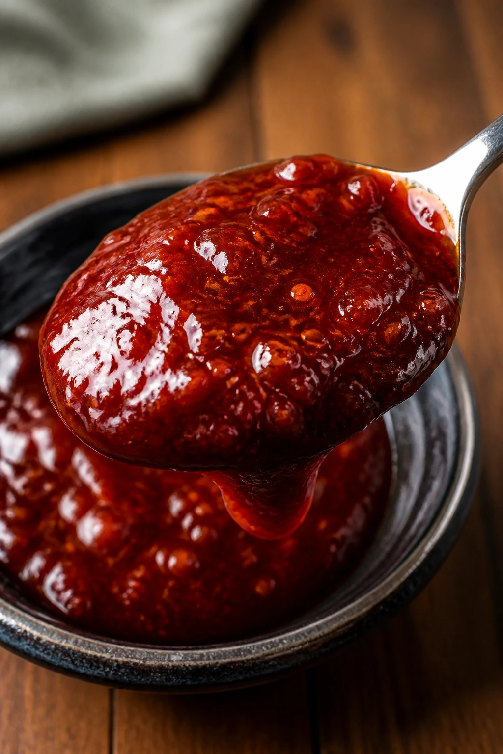 Close-up of sticky bibimbap sauce on a spoon with glossy red glaze
