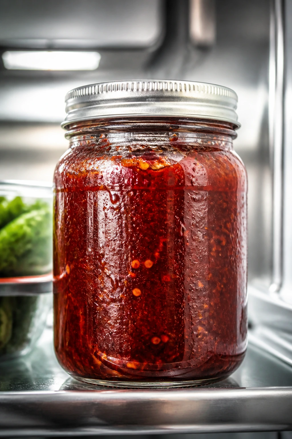 Close-up of glossy bibimbap sauce in a glass jar inside a fridge