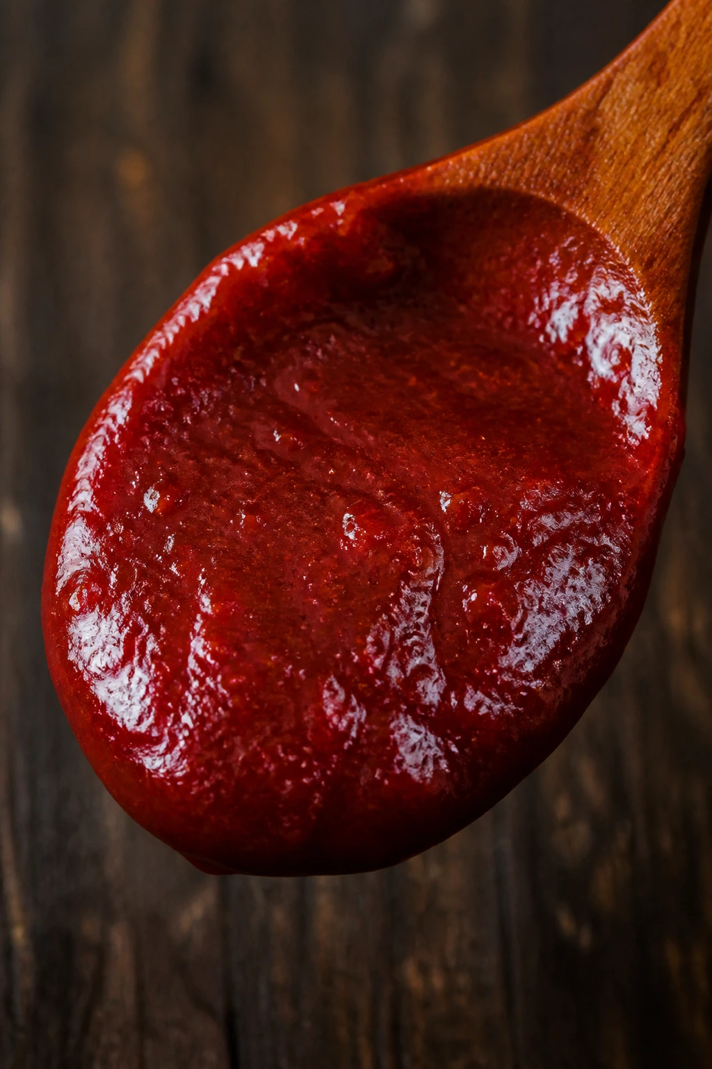 Thick bibimbap sauce on spoon with glossy texture