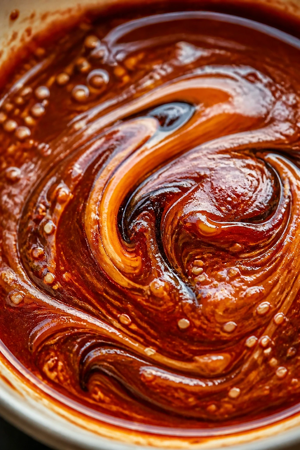Glossy bibimbap sauce with color swirls suggesting variations