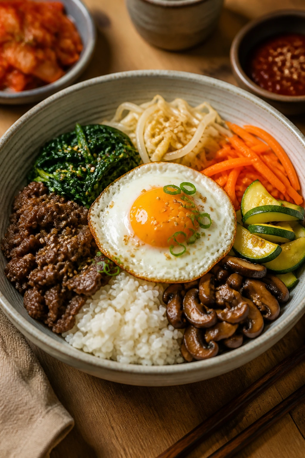 Colorful bibimbap bowl neatly arranged with toppings in sections