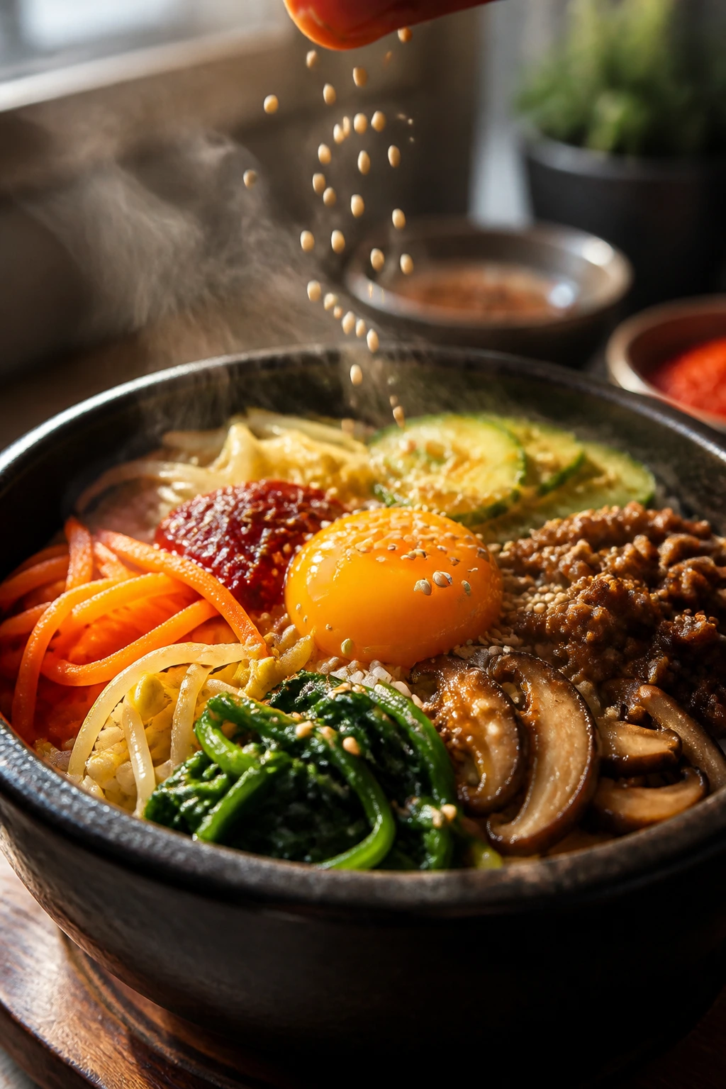 Close-up of bibimbap bowl with sesame seeds, egg yolk, and colorful vegetables in a warm kitchen
