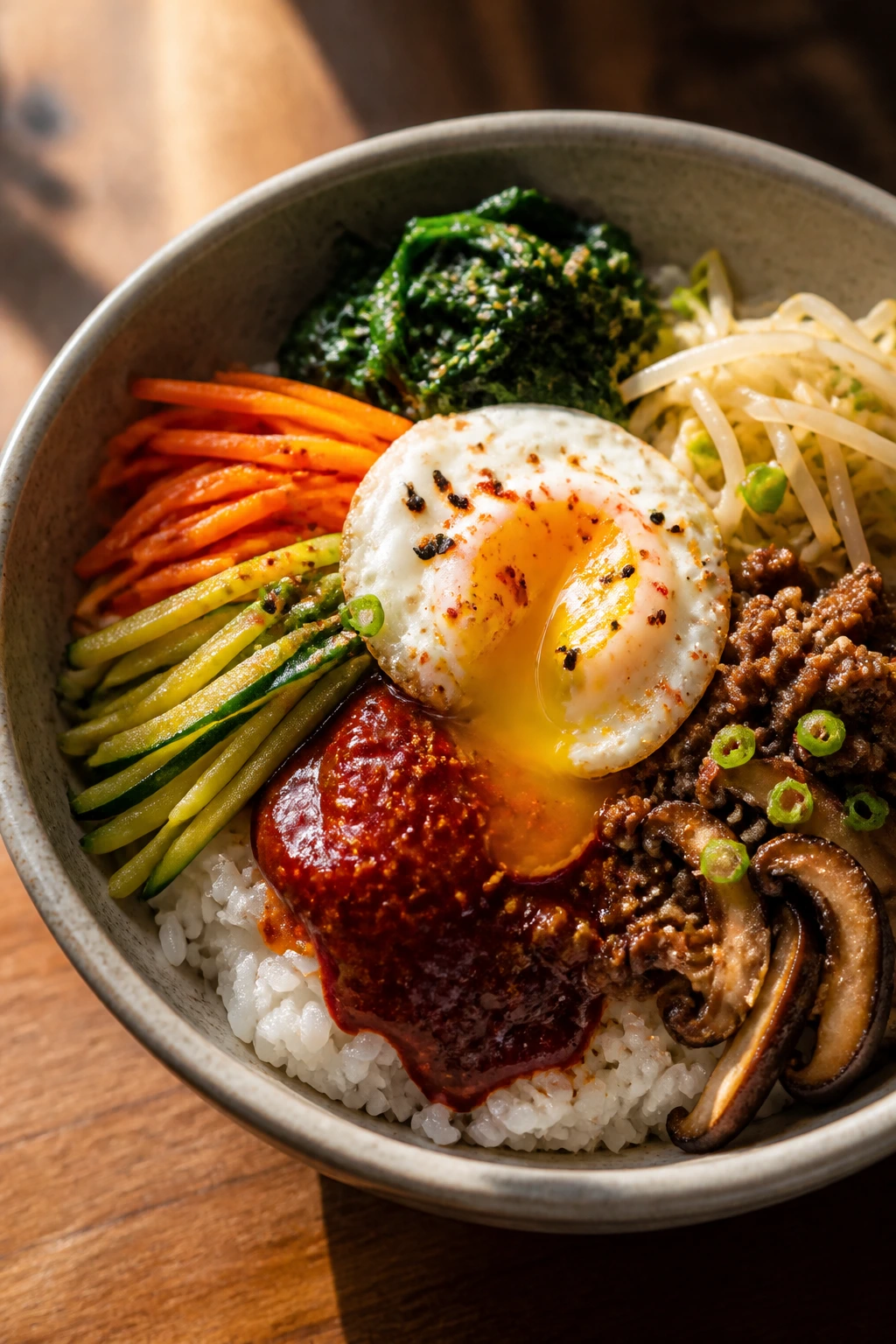 Close-up of spicy Korean bibimbap with rice, vegetables, beef, gochujang, and egg yolk