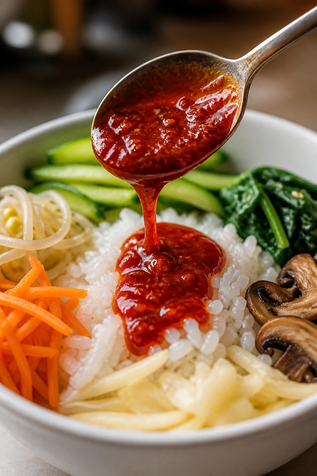Spoon drizzling glossy bibimbap sauce onto a bowl of white rice