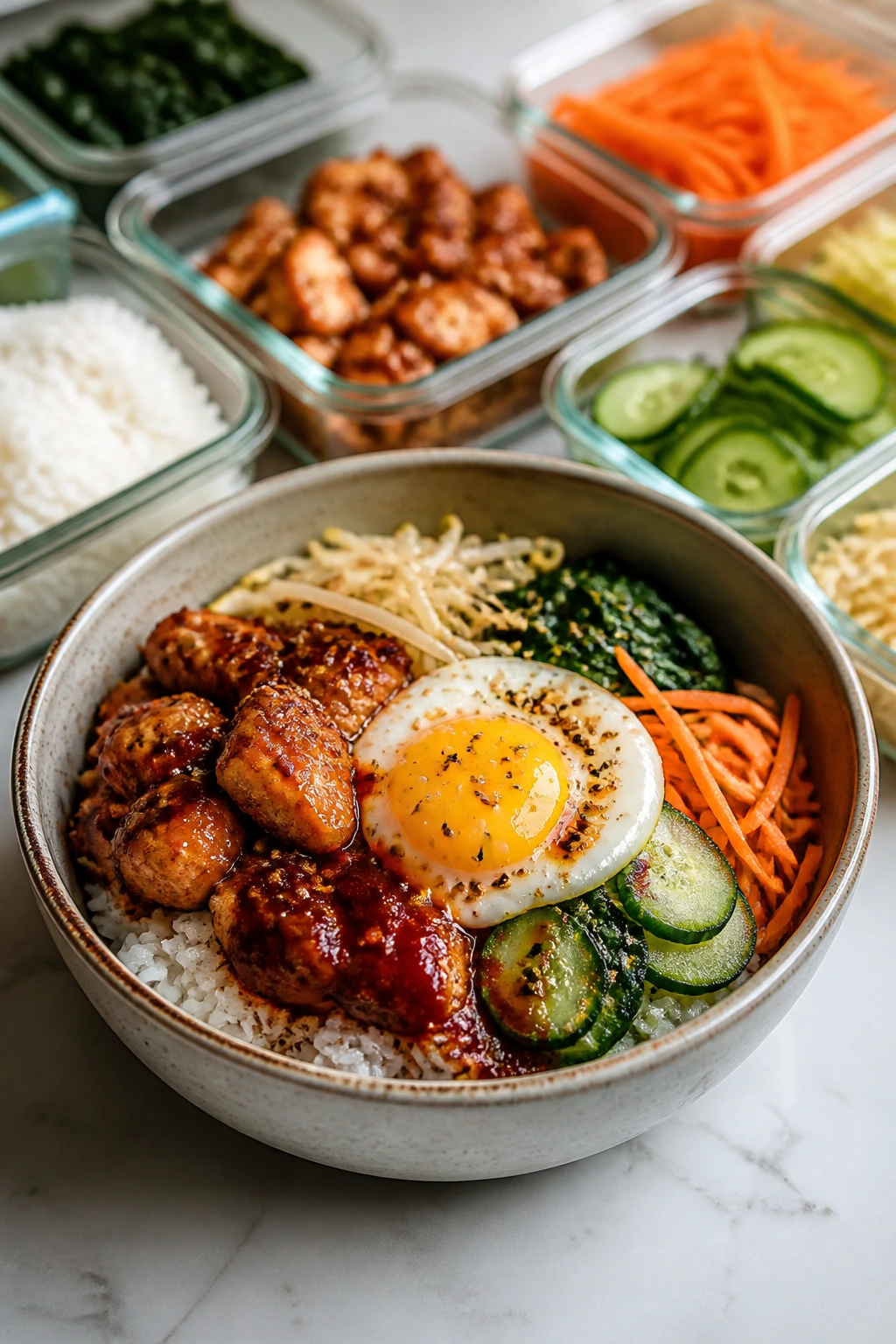 Bibimbap bowl with storage containers in the background