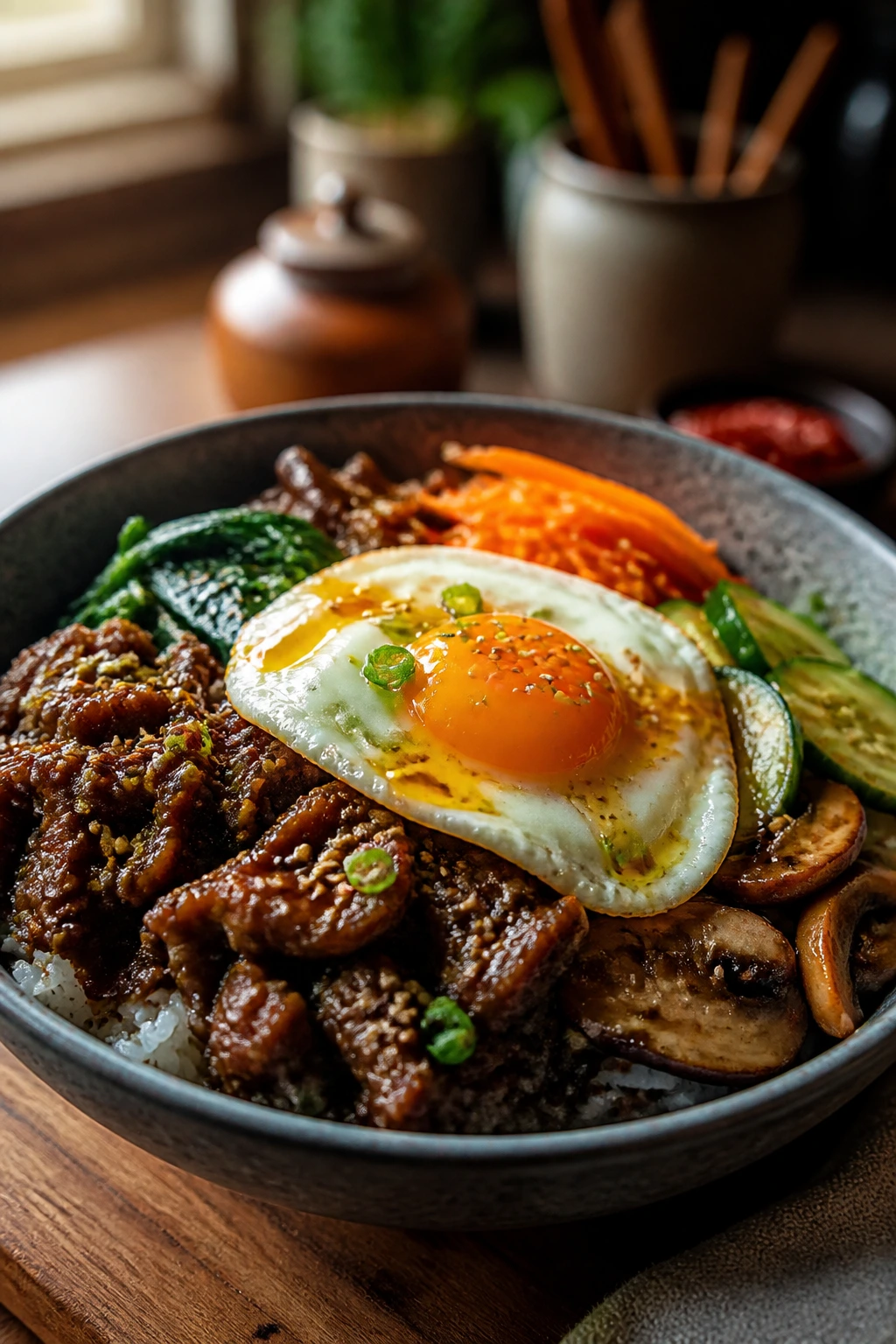Bibimbap-style variation bowl with vegetables and egg on rice.