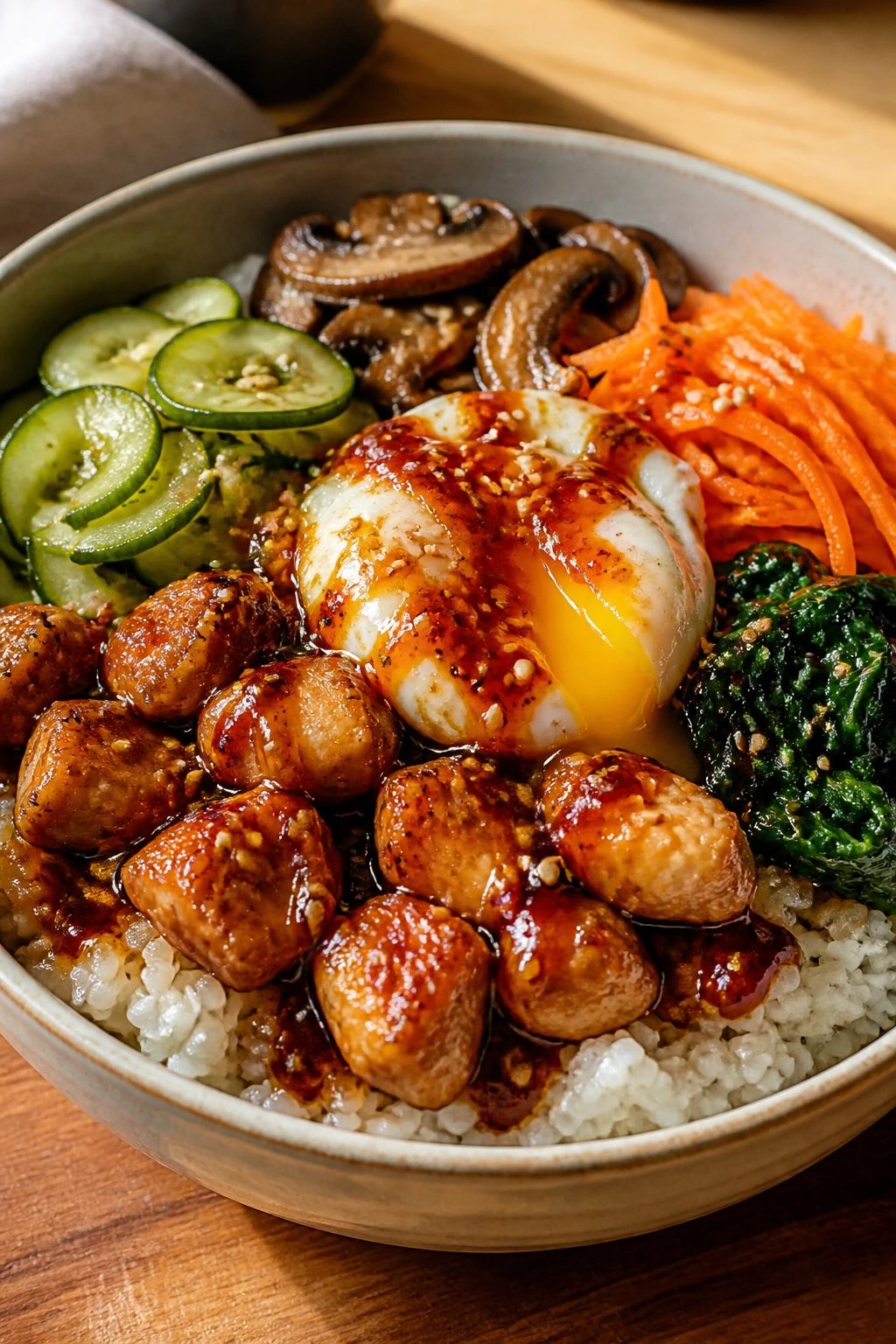 Close-up of a glossy bibimbap bowl with rice, cucumber, chicken, vegetables, egg yolk, and sauce