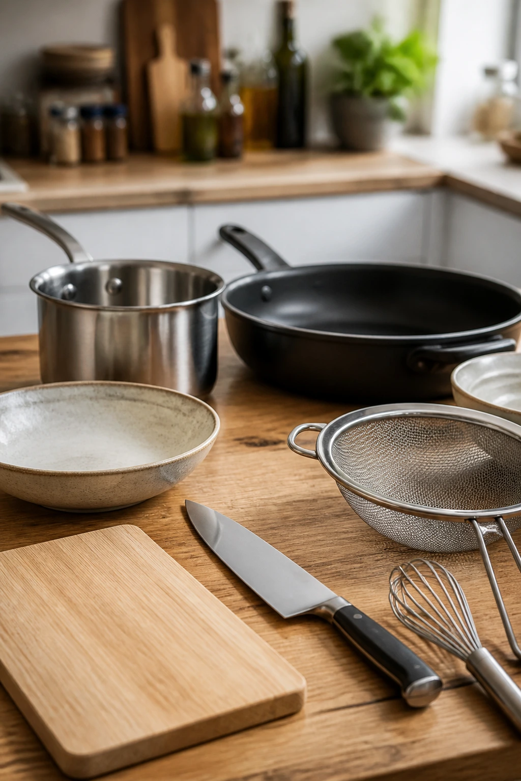 Organized bibimbap tools arranged on a kitchen counter