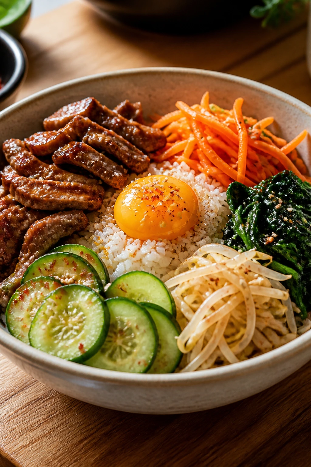 Close-up bibimbap bowl with segmented toppings to stay crisp in a warm kitchen