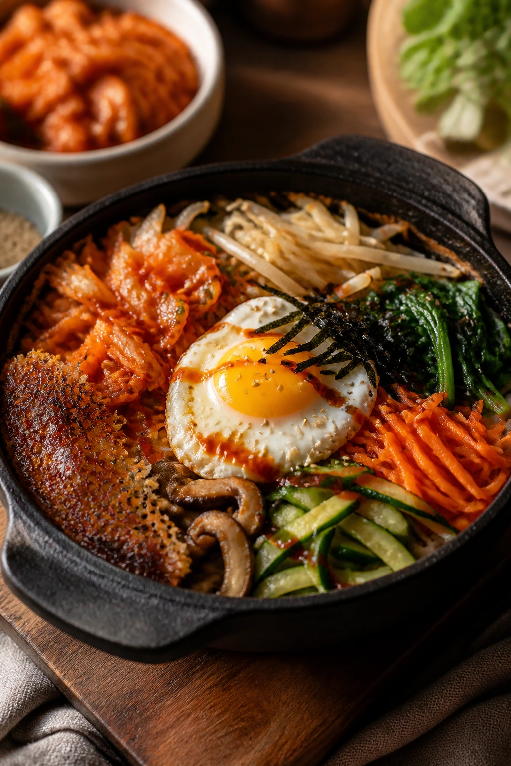 Bibimbap in a cast-iron skillet with crisped rice edges and colorful toppings