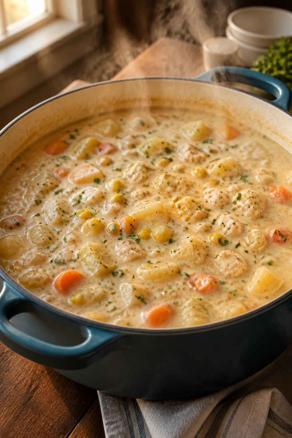 Close-up of thick chowder in a Dutch oven, signaling big-batch, cream-light chowder ideas