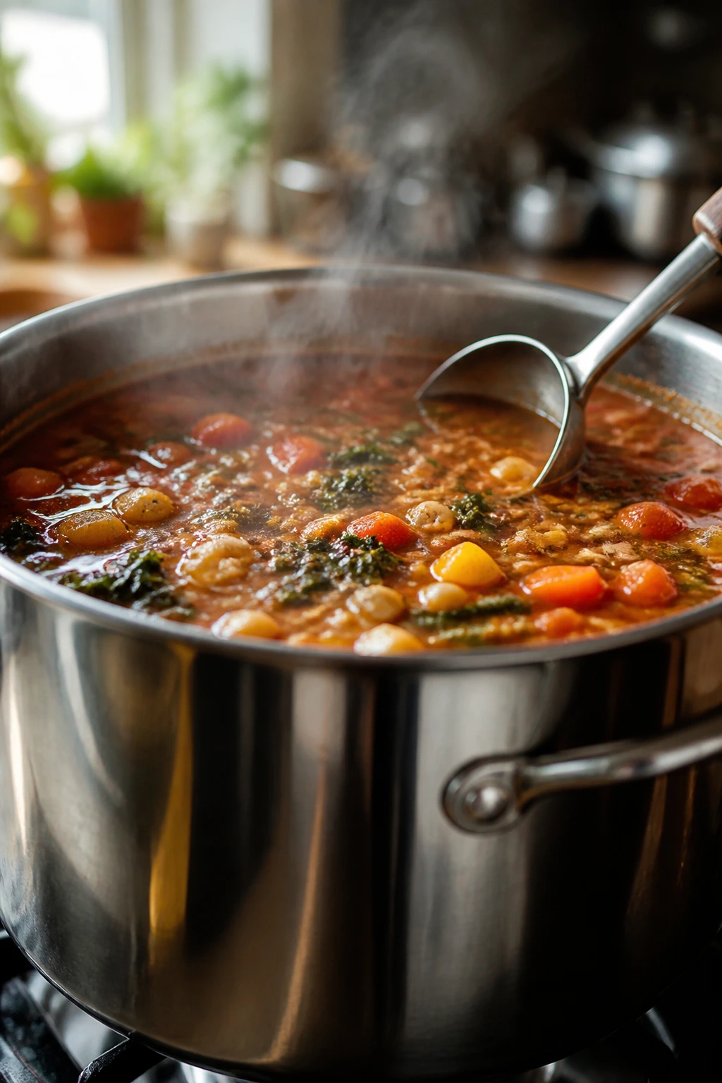Close-up of a large stockpot simmering on a stove with steam