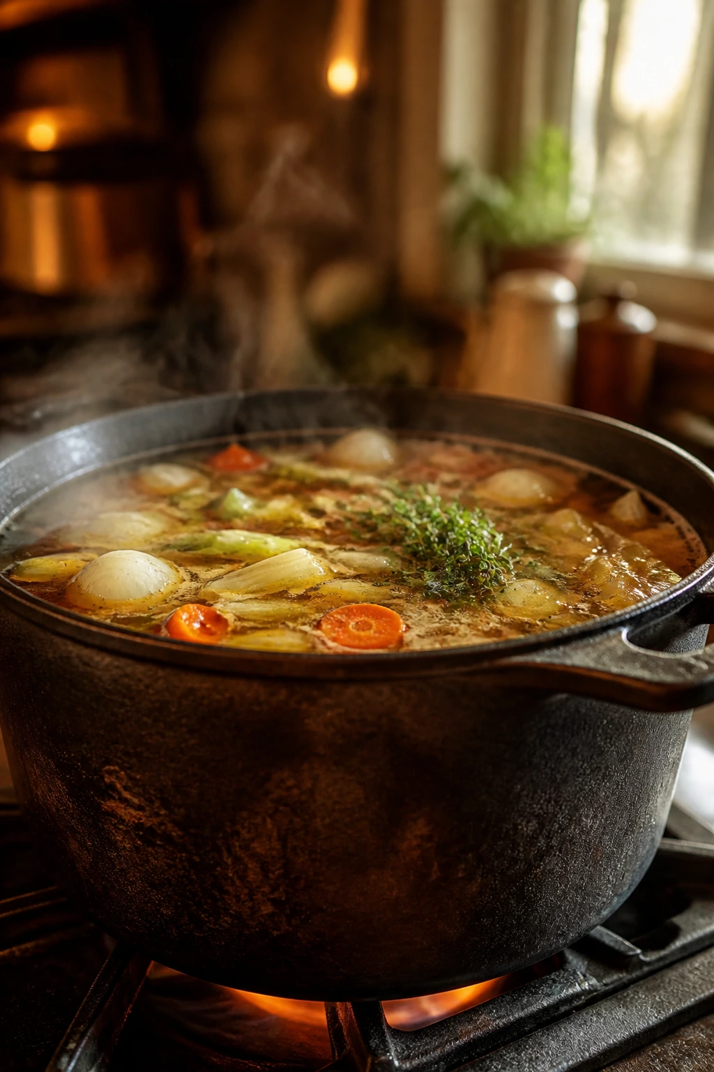 Large cast-iron pot simmering on a stove in a cozy kitchen.