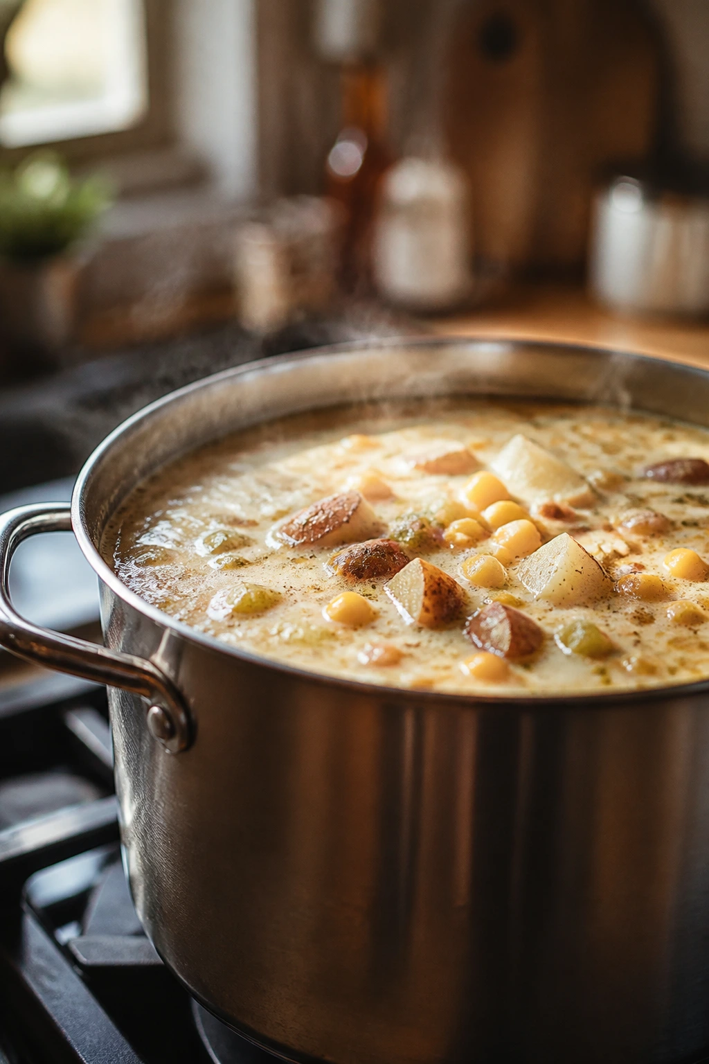 Large stock pot steaming with chunky chowder ingredients visible