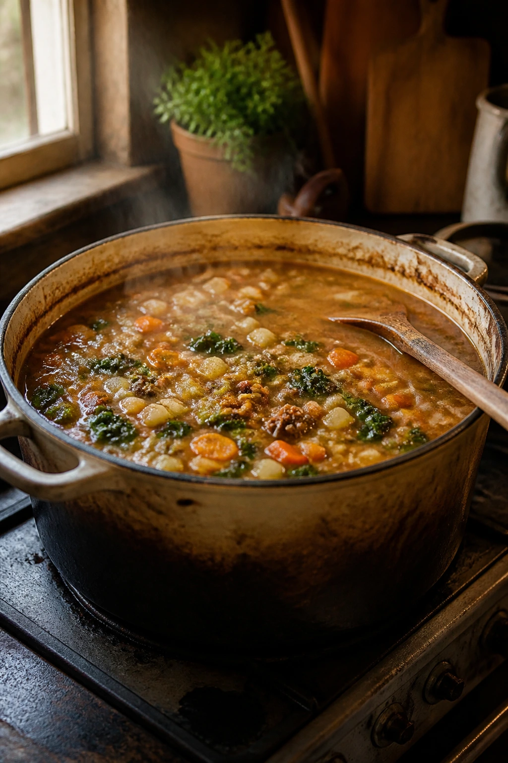Close-up of a large pot of hearty soup steaming in a cozy kitchen