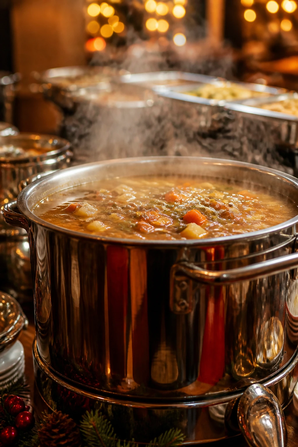 Large stockpot steaming on a holiday buffet table.