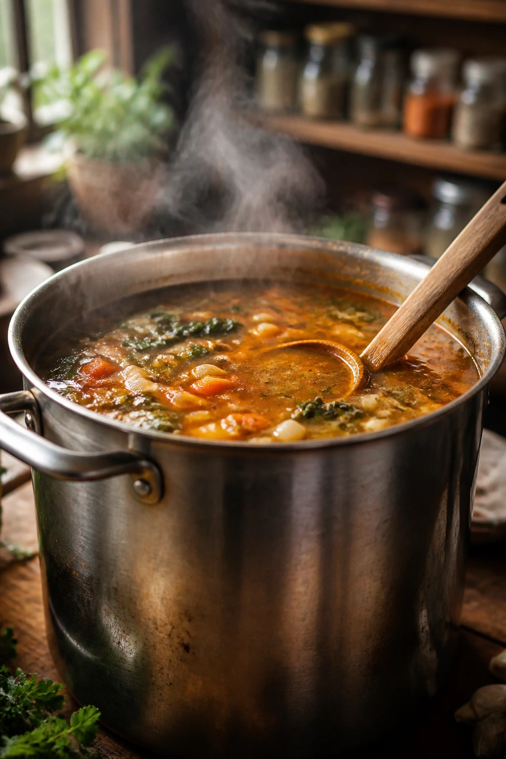 Large steaming stockpot dominating a rustic kitchen