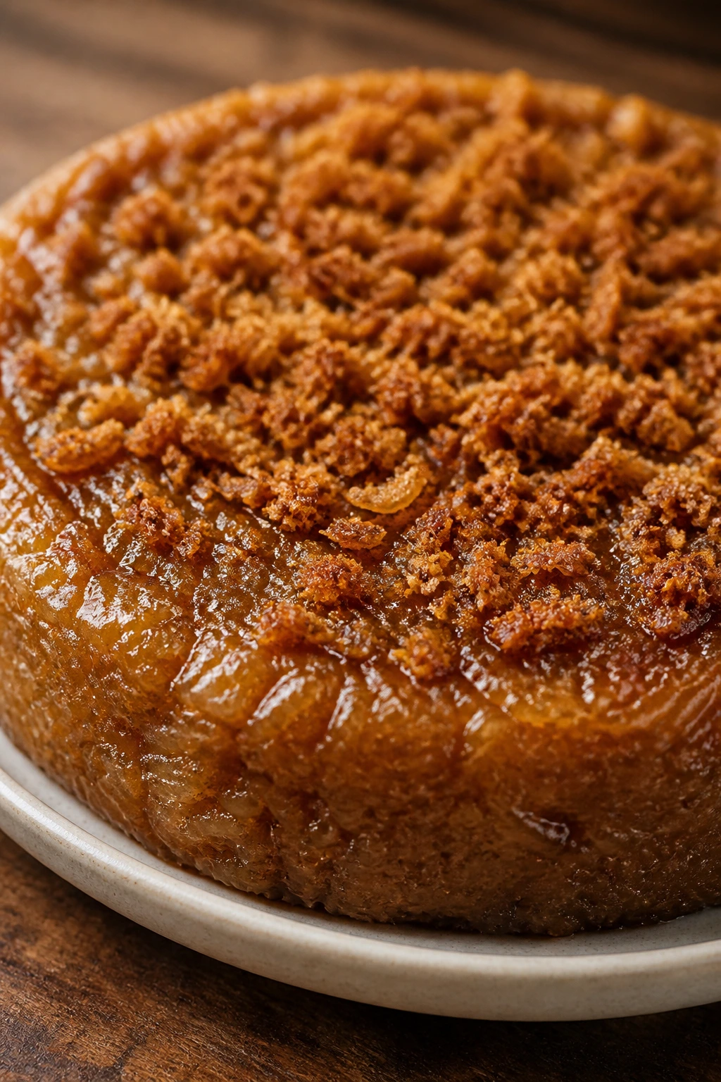 Close-up of glossy caramel-colored biko with latik topping