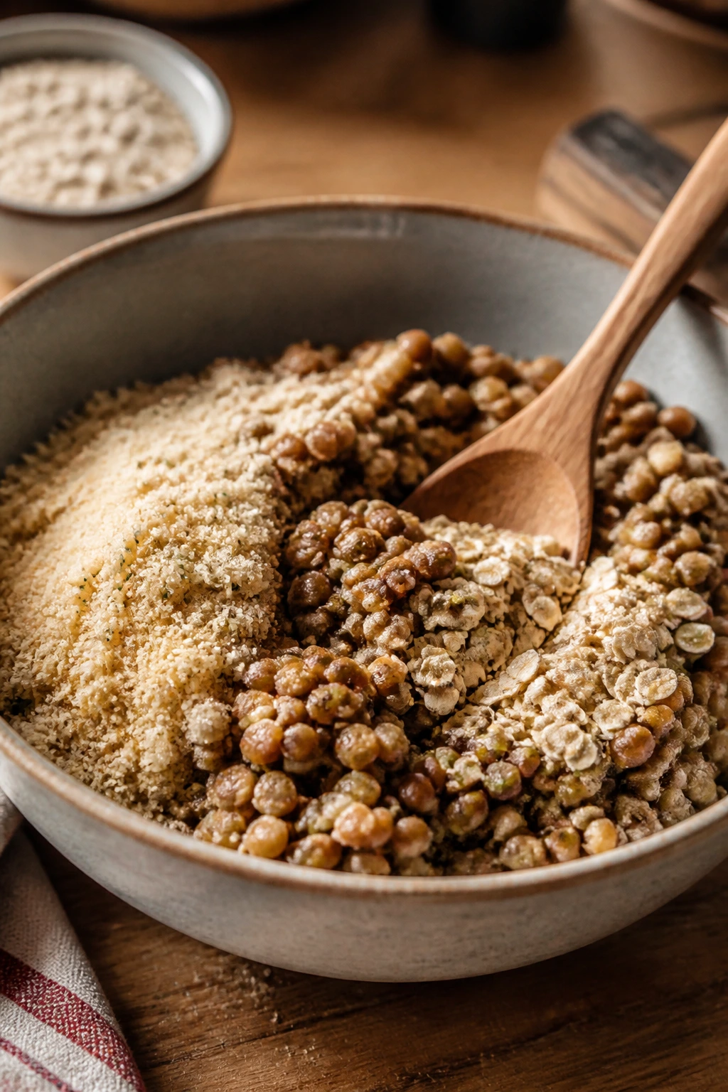 Binder ingredients for lentil burgers in a bowl with lentils