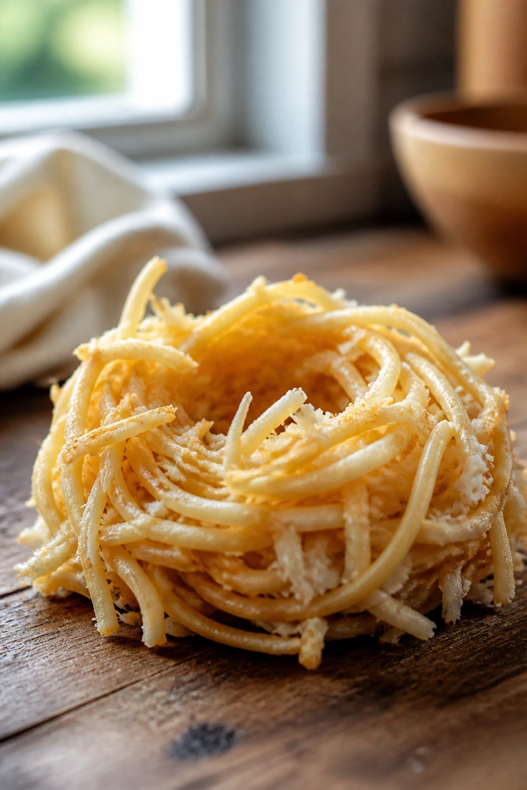 Close-up of a bird nest cookie with hollow center on a wooden counter