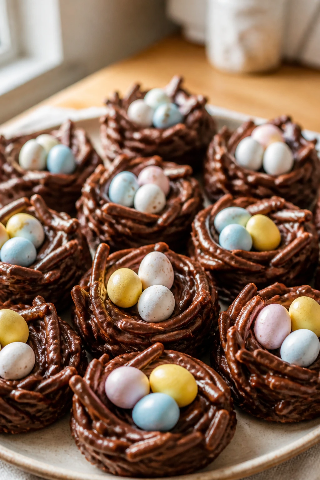 Close-up plate of bird nest cookies in a warm kitchen setting
