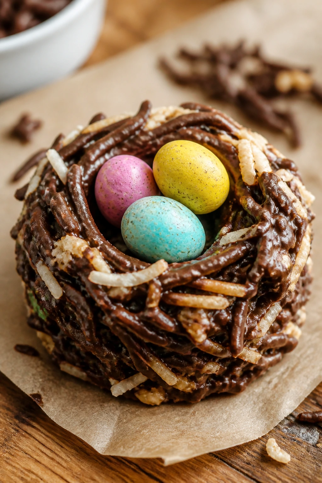 Close-up of a bird nest cookie with coconut strands, cereal pieces, chocolate, and candy eggs on parchment in a warm kitchen