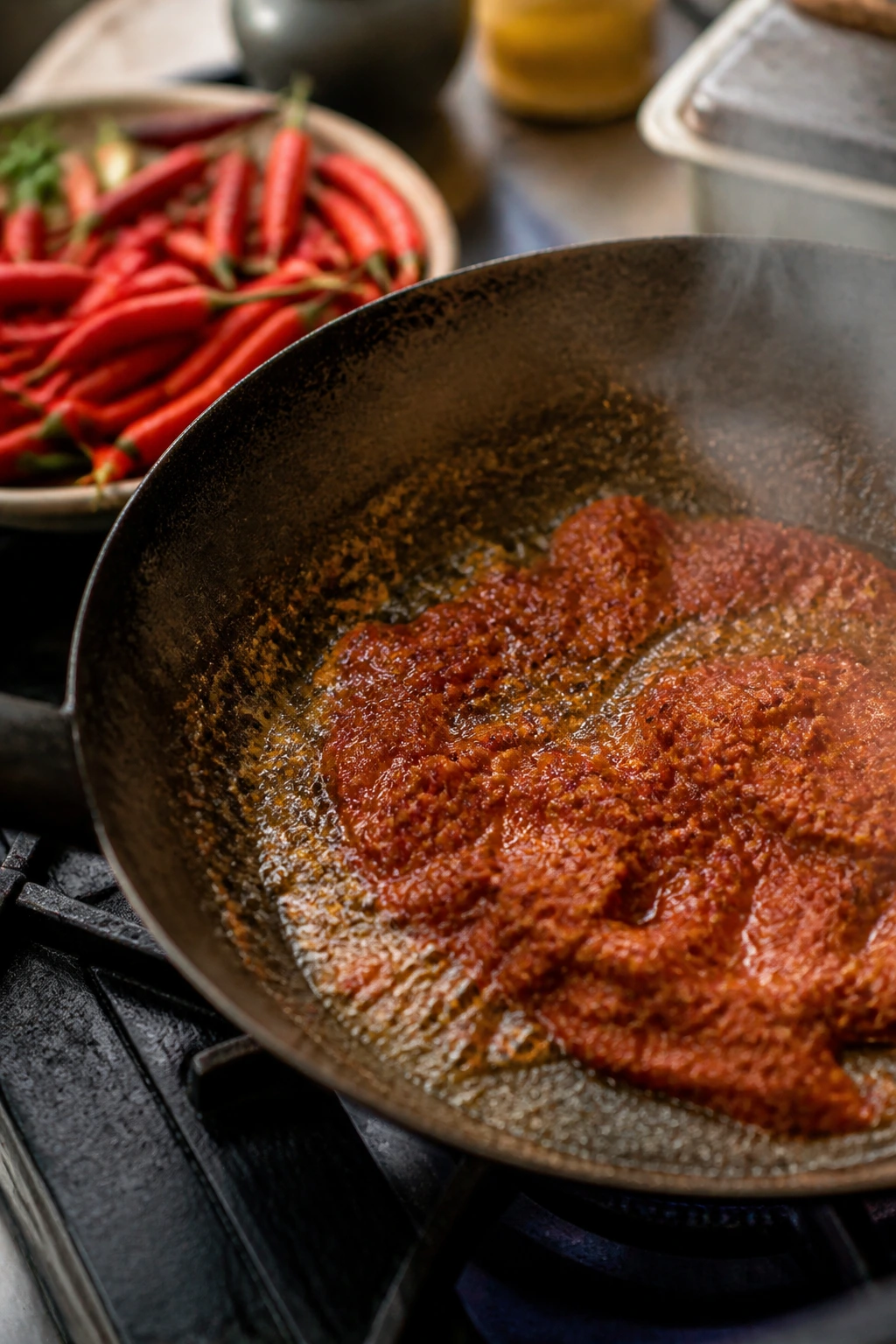 Chilies and curry paste sizzling in a pan on the stove
