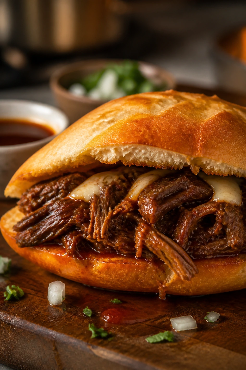 Close-up of birria-style beef sandwich with cheese on toasted bun