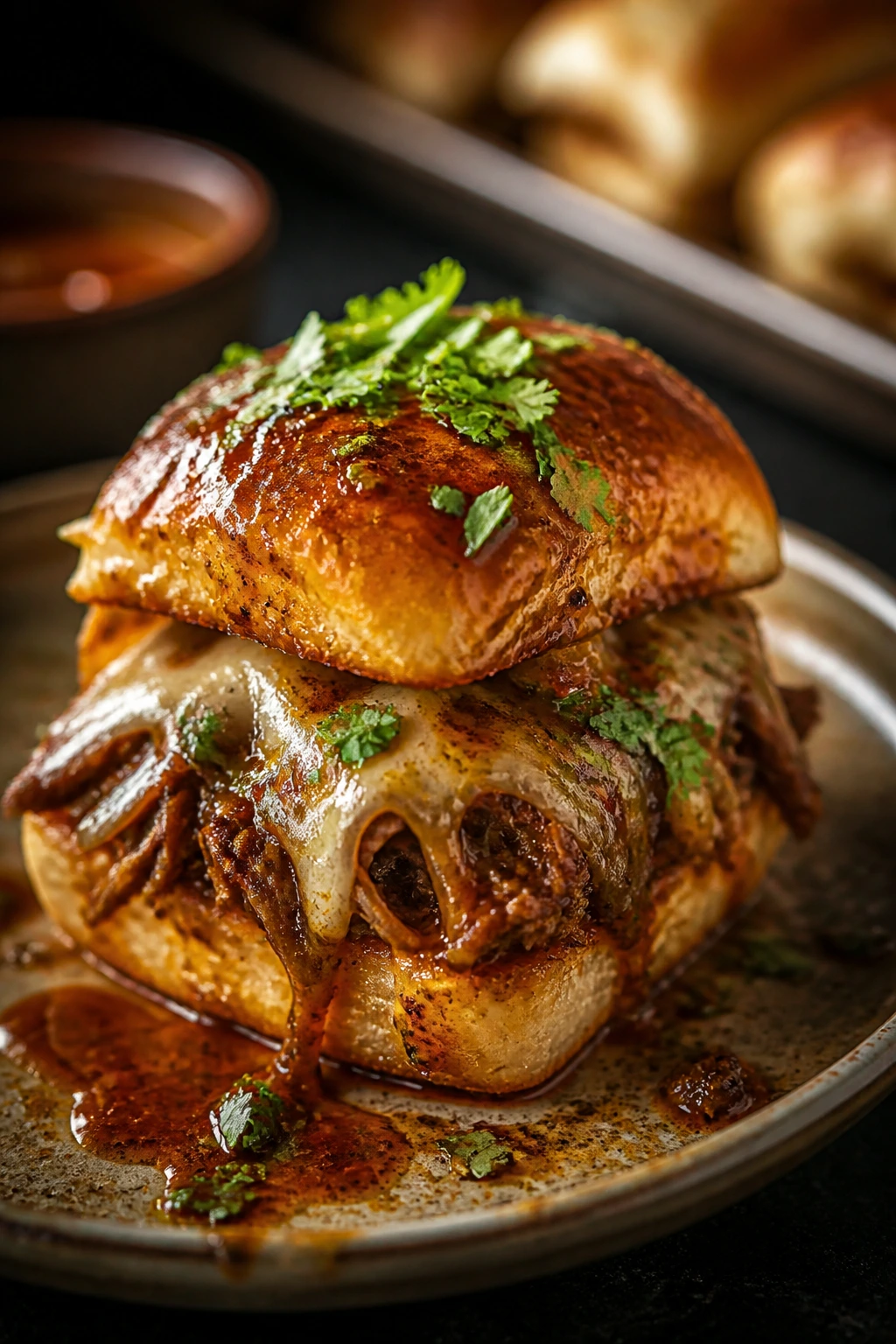 Close-up of Birria Style Beef Sliders with chile sauce and cheese