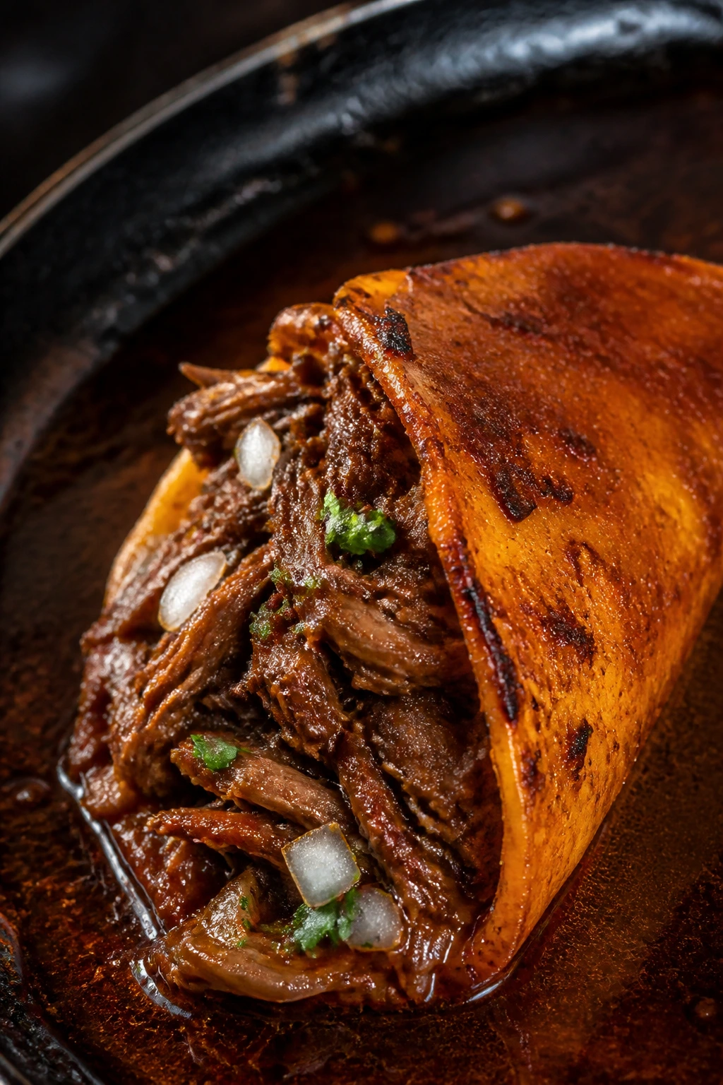 Birria-inspired beef taco with red chile braise on tortilla