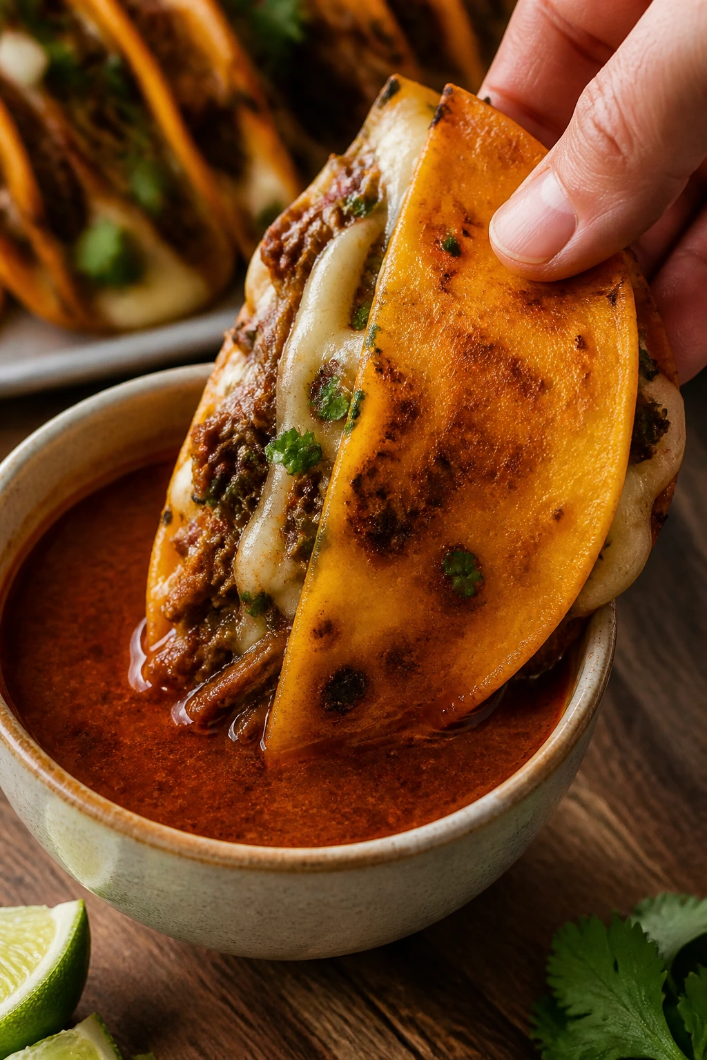 Birria beef taco dunked into red dipping broth on a kitchen counter