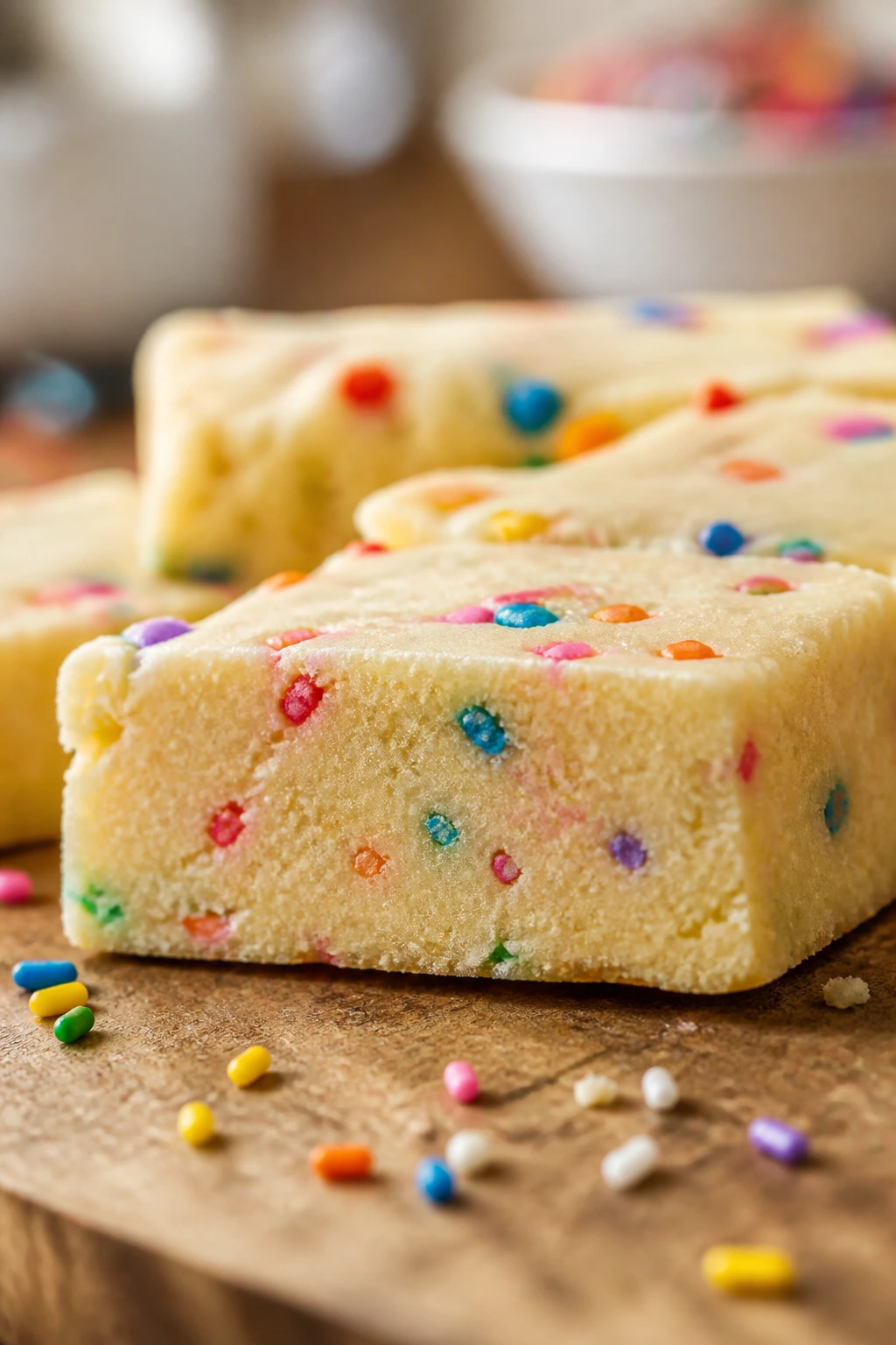 Close-up of Birthday Cake Protein Bar with rainbow sprinkles on wooden board