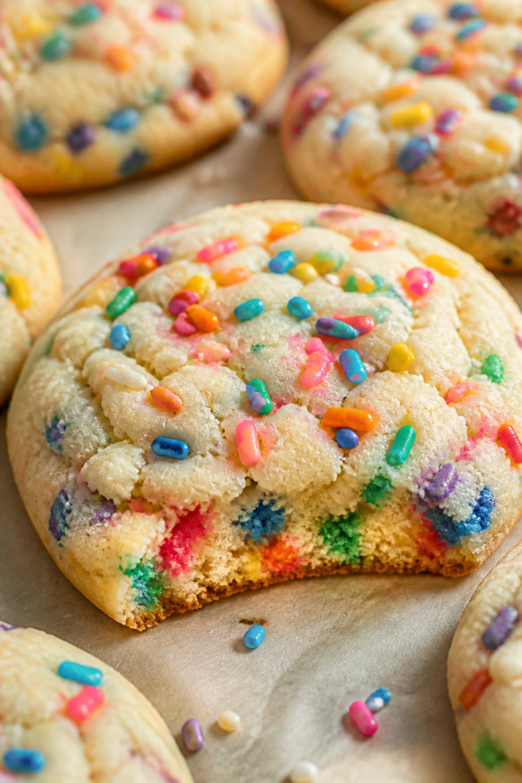 Close-up of a soft birthday cake rainbow sprinkle cookie with interior color visible