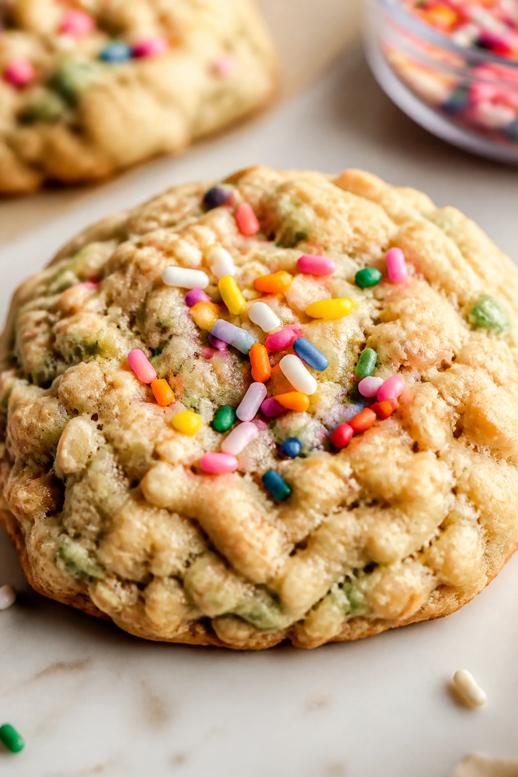 Close-up of Birthday Cake Zucchini Oatmeal Cookie topped with rainbow sprinkles.