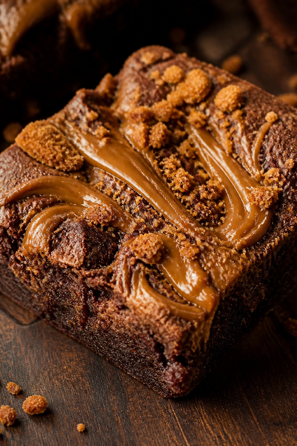 Close-up of Biscoff cookie butter brownie with caramel-like ribbons