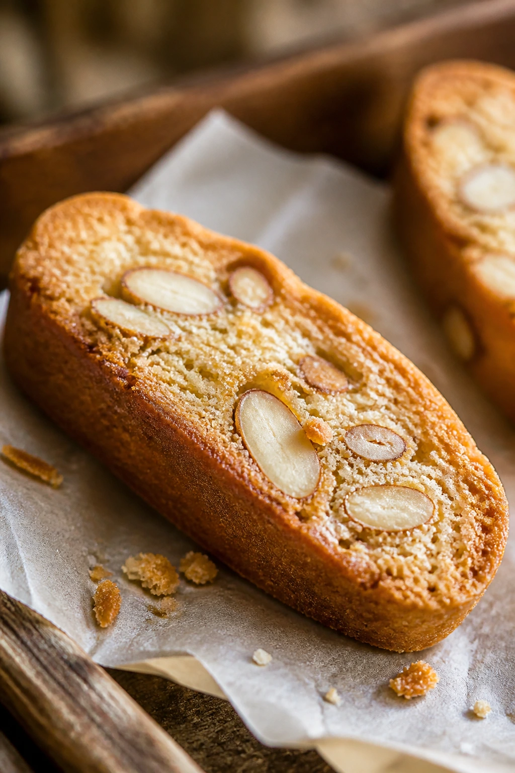 Close-up of a honey-glazed almond biscotti slice with visible almonds on a parchment-lined surface.