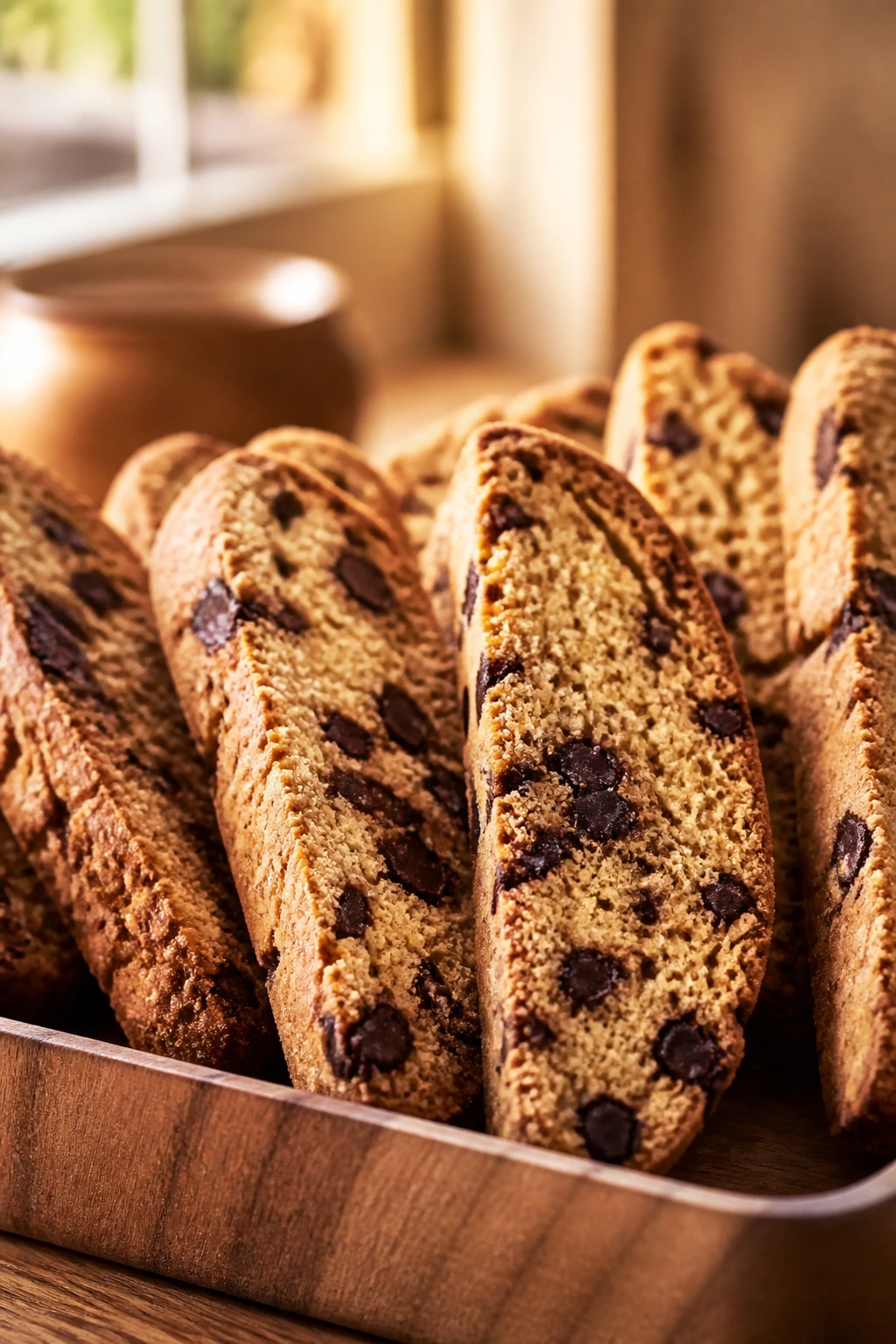Close-up of crisp chocolate chip biscotti on a wooden board