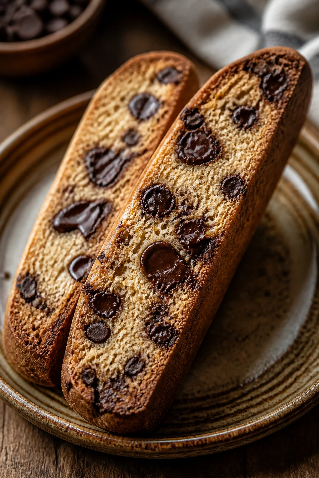 Close-up of chocolate chip biscotti on a plate